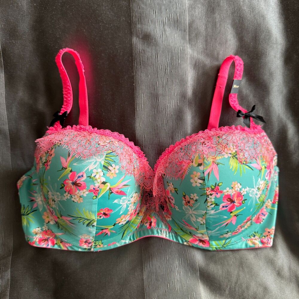 NWOT VICTORIA'S SECRET Very Sexy Teal Pink Floral Lace Trim Balconet Bra 36DD